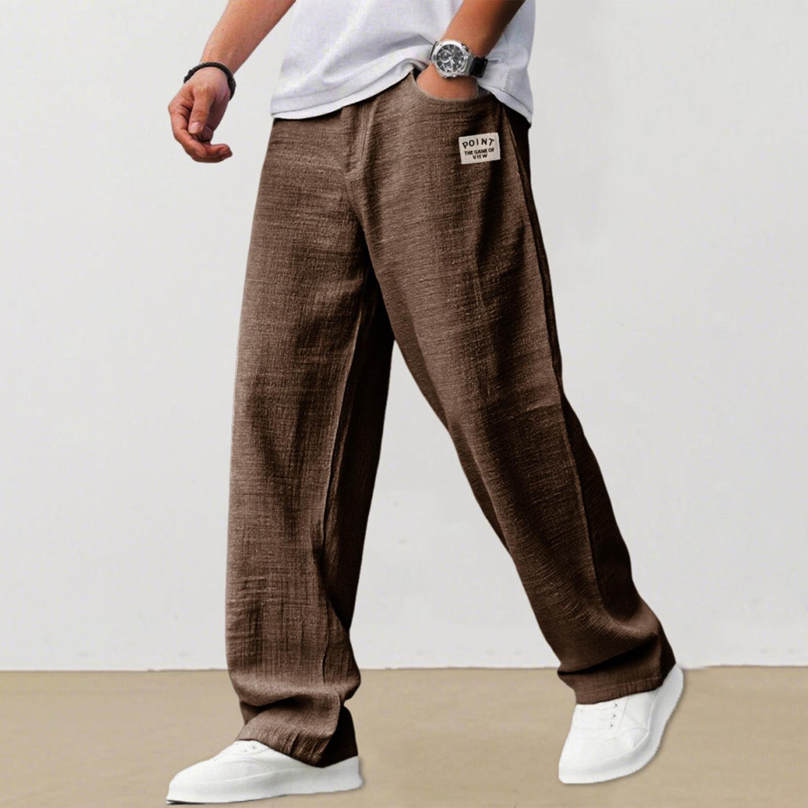 Xingben Seven Heren Casual Losse Linnen Broek Lichtgewicht Ademend Rechte Pijp Elastische Taille Trekkoord Ontwerp L bruin