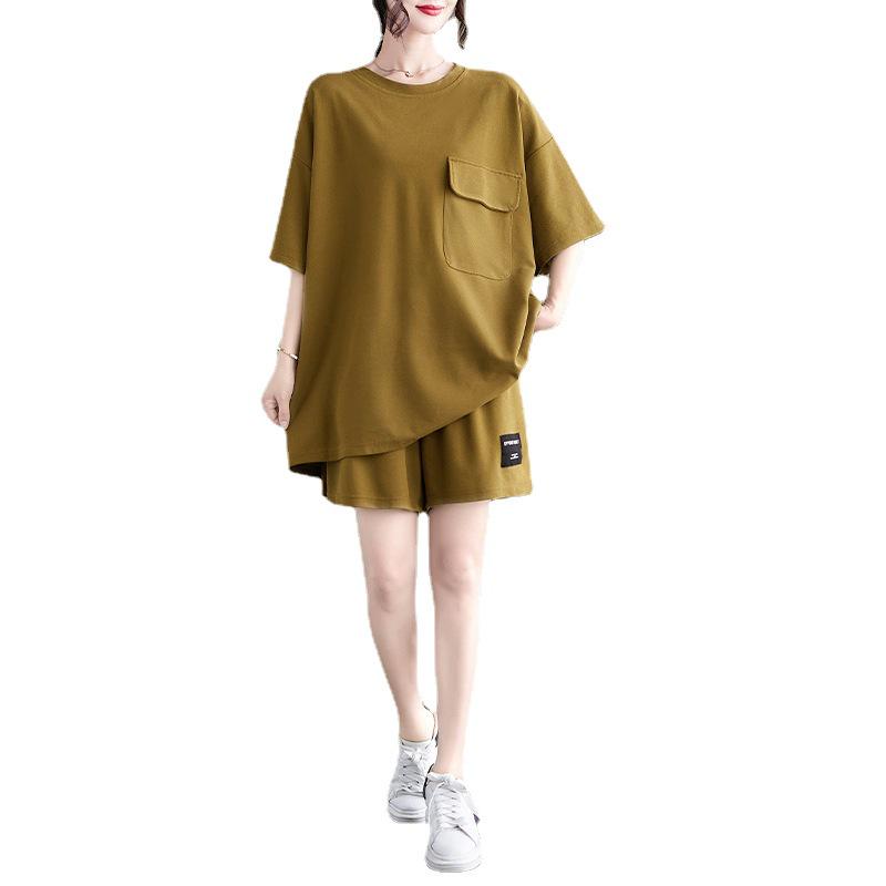 Women's Fashionable European Style Short-Sleeved Two-Piece Suits with Pockets, Plus-Size, Slimming Shorts, Casual Design.