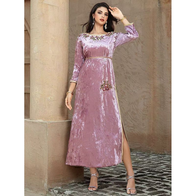 New Arrival Ethnic Style Velvet Hand Sewing Drill Ribbon Dress Velvet Hand Sewn Diamond Dress