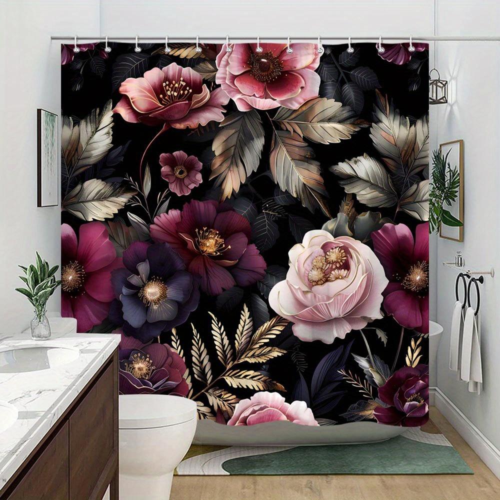 1pc Velvety Peonies & Dark Foliage Shower Curtain - Magenta, Pink, Purple, White Flowers On Black, Polyester, Stylish Bath Decor