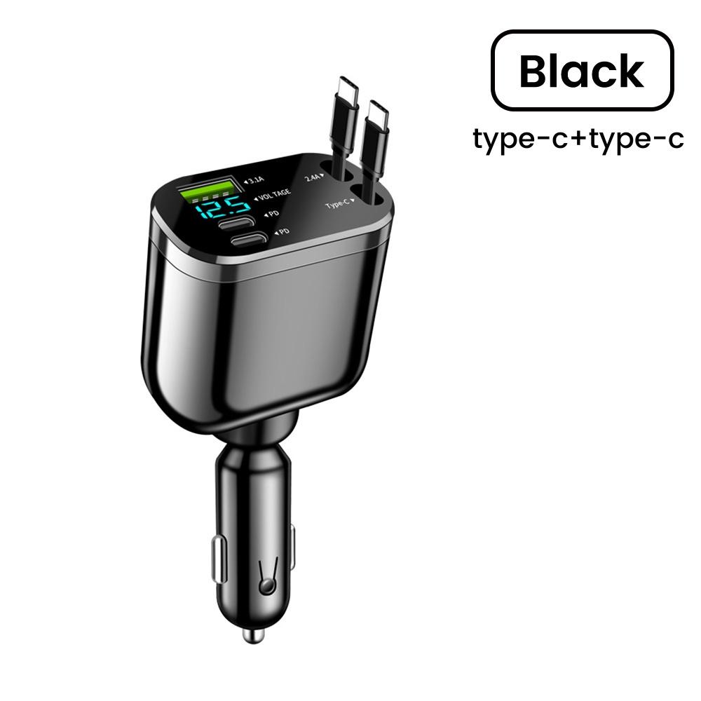 

5 IN 1 Car Charger Adapter Fast Charging USB Type C Car Charger with Retractable Type C Cords For iPhone 16 15 14 13 12 Samsung Dual Type C Rotation