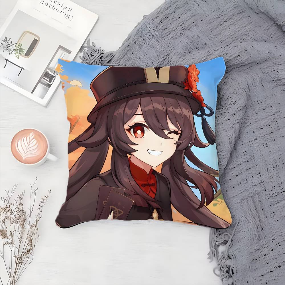 G-Genshin Impact-MT Cute Hu Tao Pillow Case Printing Pillowcase Living Room Sofa Cushion Cover Bedroom Room Decor