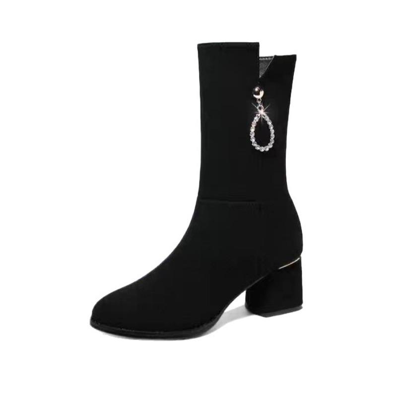 New autumn and winter velvet thickened warm women's fashion thick heel medium tube thick heel boots white and comfortable two options