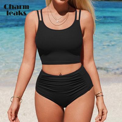 Damen Bikini-Sets mit hoher Taille, sportlicher zweiteiliger Badeanzug mit Taschen