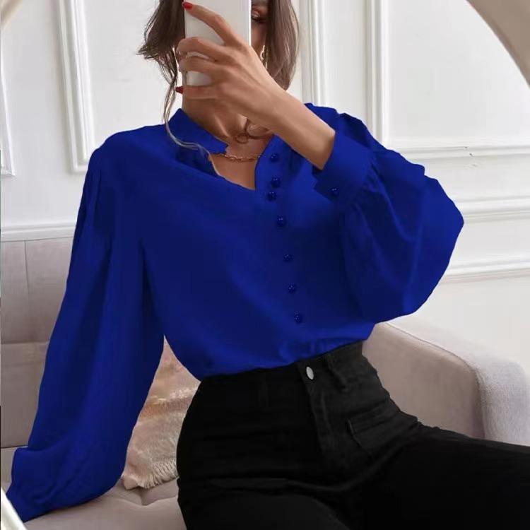 Button Up Elegant Women's Long Sleeve Solid Color Loose Fit Lapel Shirt