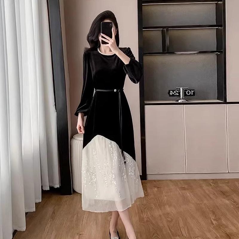 

Длинное платье из бархата и кружева с пайетками в стиле Хепберн на осень/зиму 3XL 160-175 jin