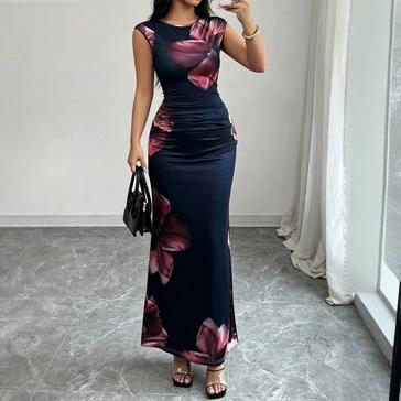 Women's Clothing, New Spring Models In Europe, America, Slim-fitting Flower-printed Waist Sleeveless Hip-wrapped Dress