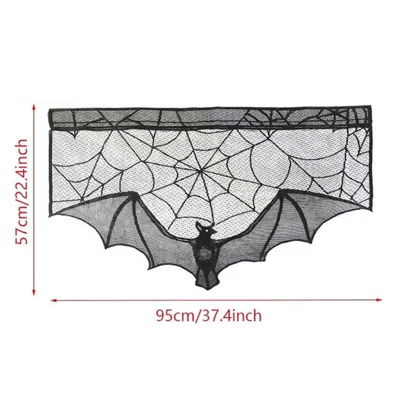 Spooky Black Lace Spiders Webs Mantel Scarf with Bat Lace Oven Cloth for Halloween Party Decoration