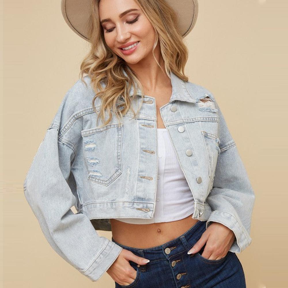 FiveFive Giacca di Jeans da Donna a Maniche Lunghe con Nappe di Strass sul Retro, Larga, Strappata, con Fori