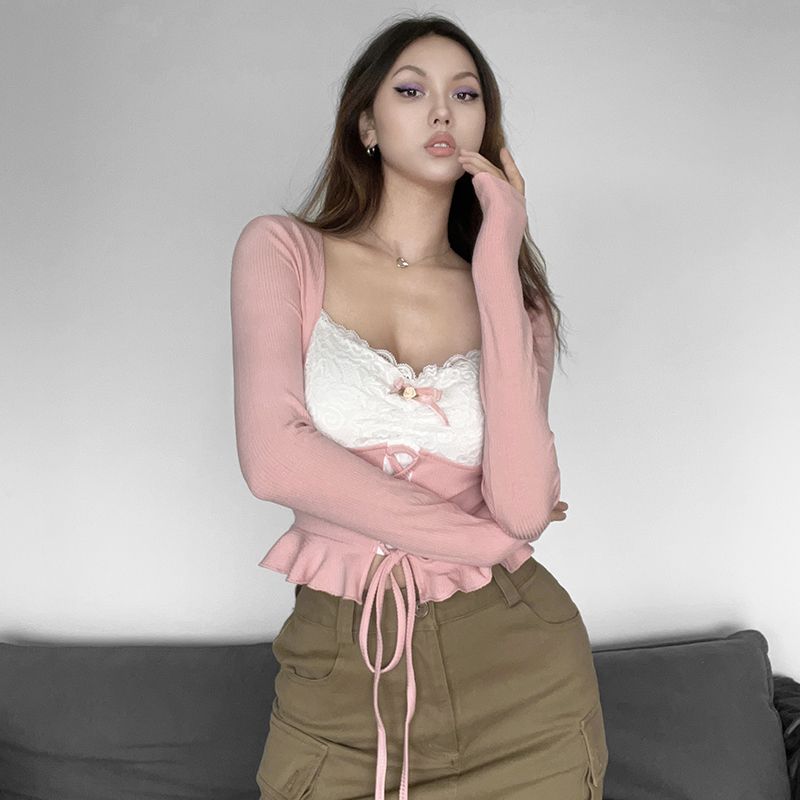 Pembe Y2k Uzun Kollu Üst Kadın Seksi Dantel Patchwork Kare Yaka Bandaj Ince T-shirt Coquette Kız Estetik Kırpma Üst