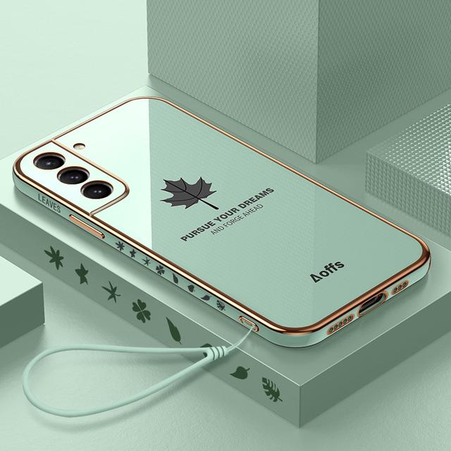 Luxusní obal z javorového listu Lanyard Plating pro Samsung Galaxy S23 Ultra S22 Plus S21 S20 Plus Ultra S21 FE S22 Plus měkký silikonový ochranný kryt objektivu
