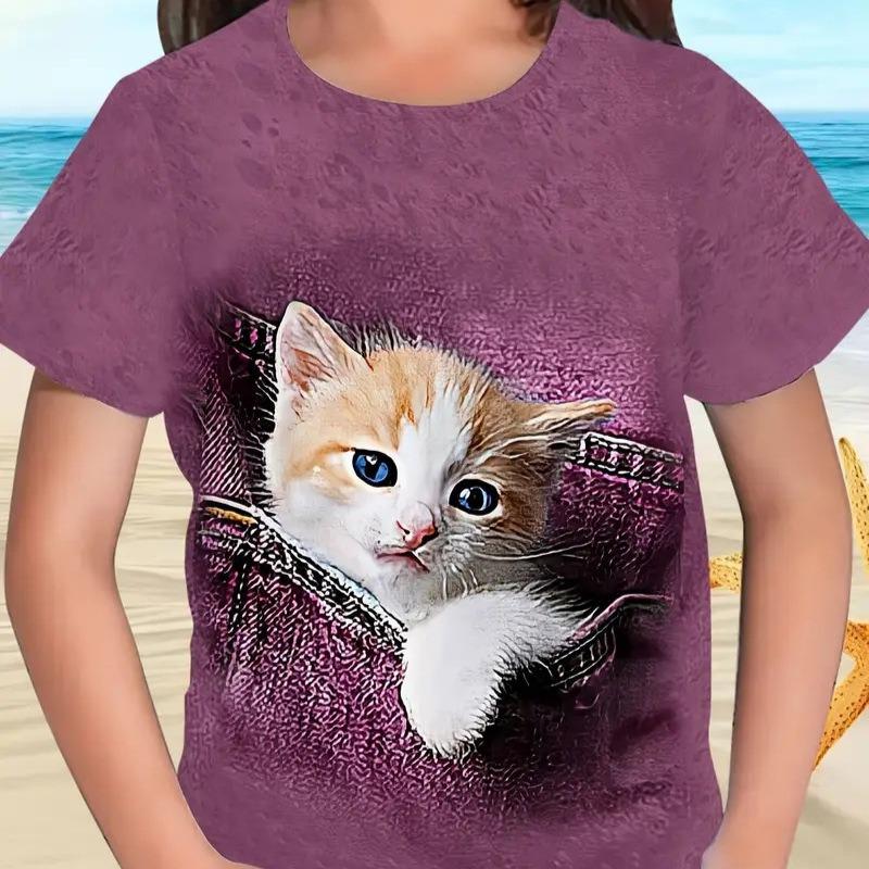 Tricou de vară cu mânecă scurtă pentru copii, fete, gât rotund, nou, cu imprimeu pisică, la modă, casual, versatil, topuri