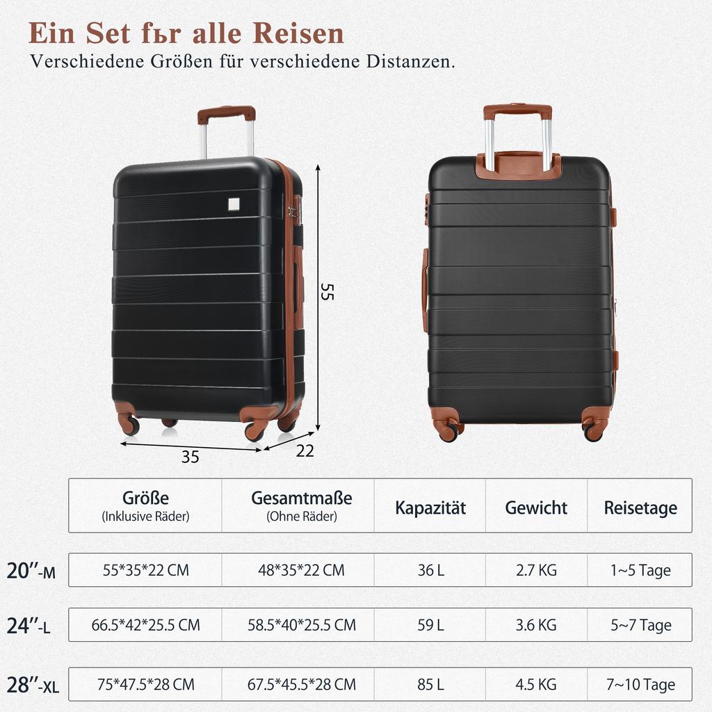 Suitcase Set, M-L-XL Set, ABS Hard-Shell Suitcase, Durable Suitcase Sets, Suitcase with Spinner Wheels and Lock, with Toiletry Bag, Black