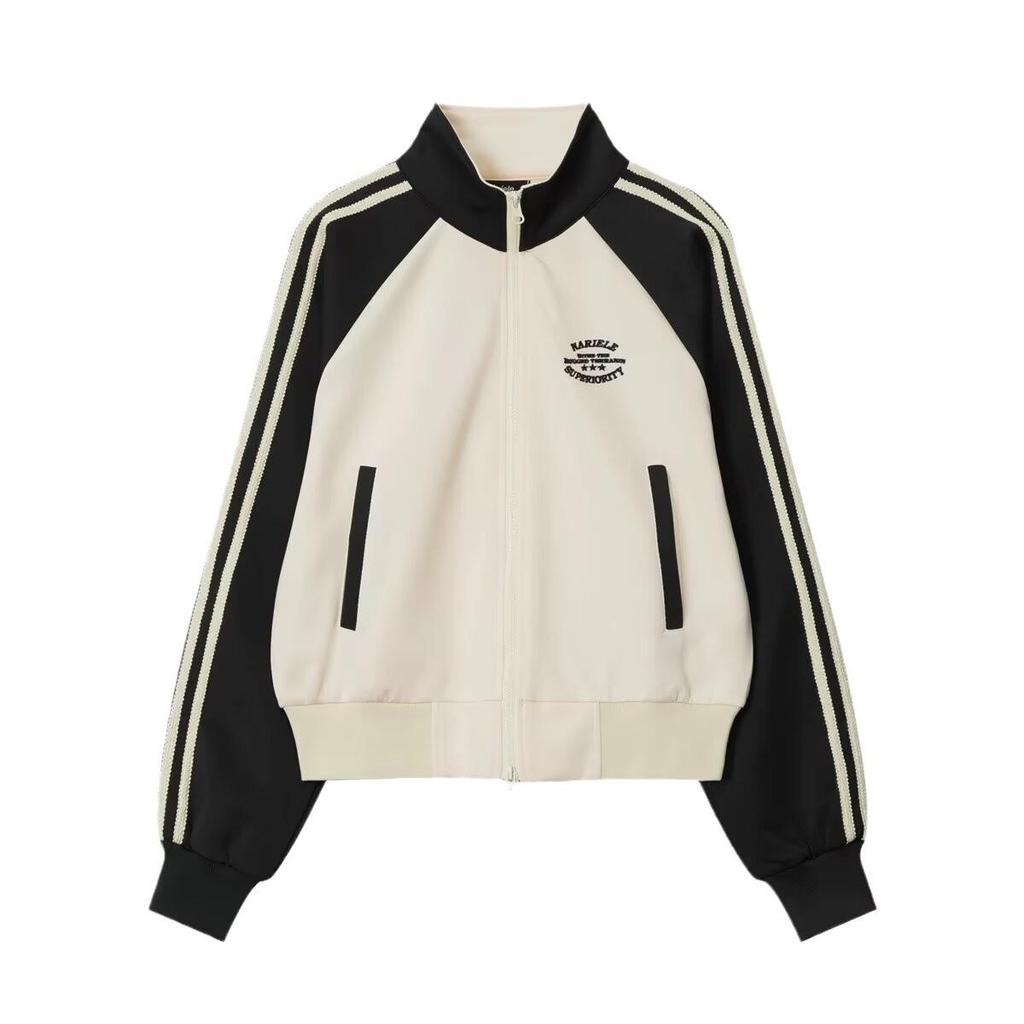 "Women's Slim Fit Striped Stand Collar Cardigan - College Style, Contrast Stitching"