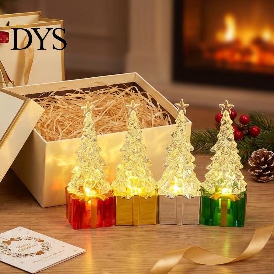 Christmas Party Atmosphere Decor Mini LED Light Up Faux Crystal Tree Figurine, Lighted Xmas Safe for Children Table Centerpiece with Gift Box