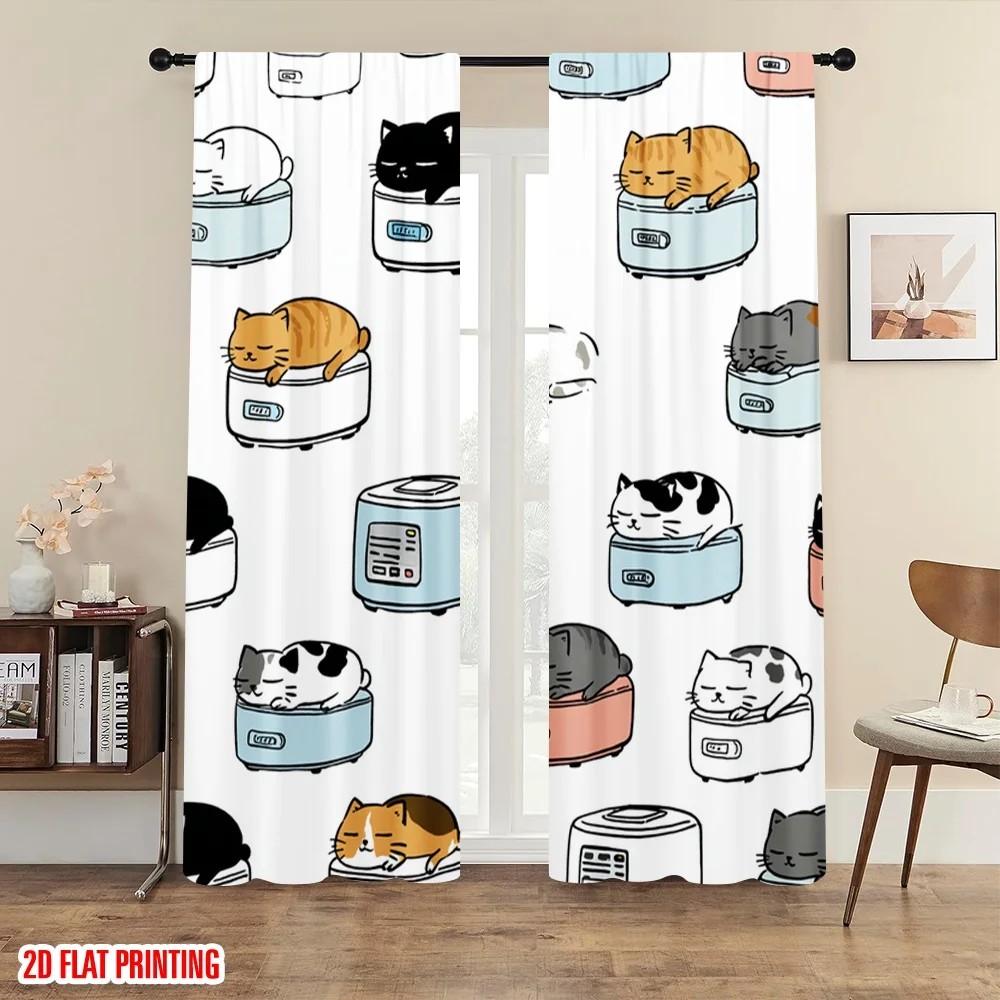 

Set Of 2 Jit Cute Cat Print Curtains Polyester Living Room Window Decor Home Curtain Light Blocking With Rod Pocket Ideal For W100*H70(CM)-Grommet top&2PCS
