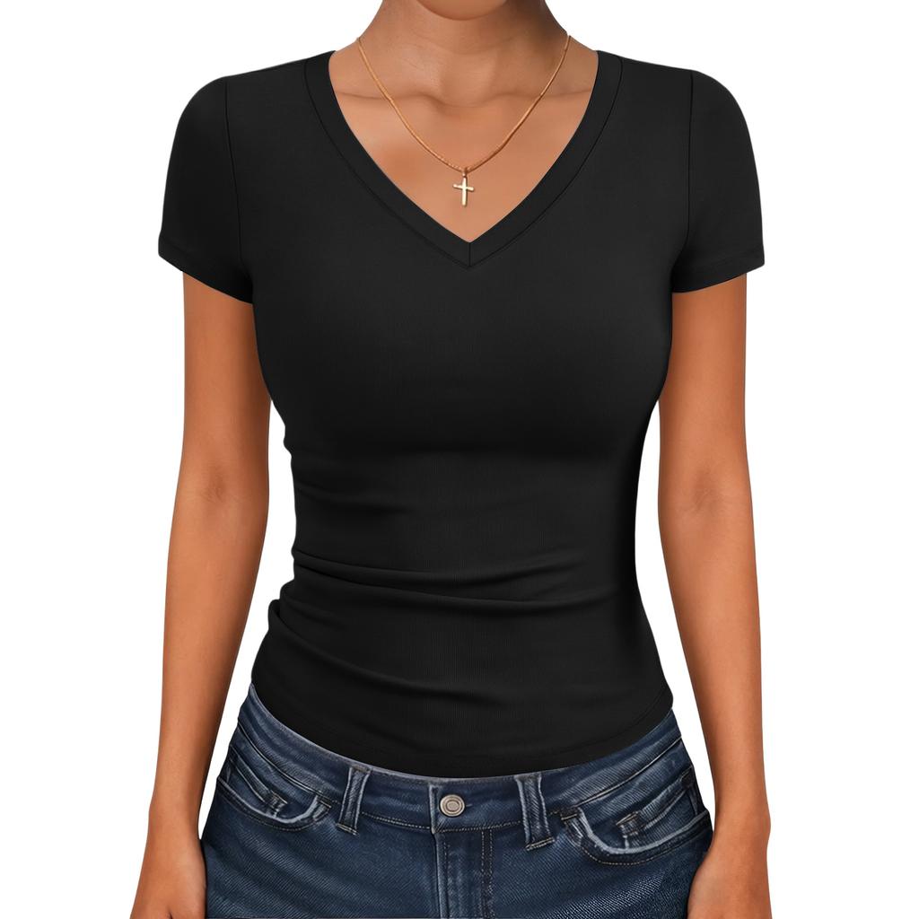 Damen Slim-Fit V-Ausschnitt Kurzarm T-Shirt Top