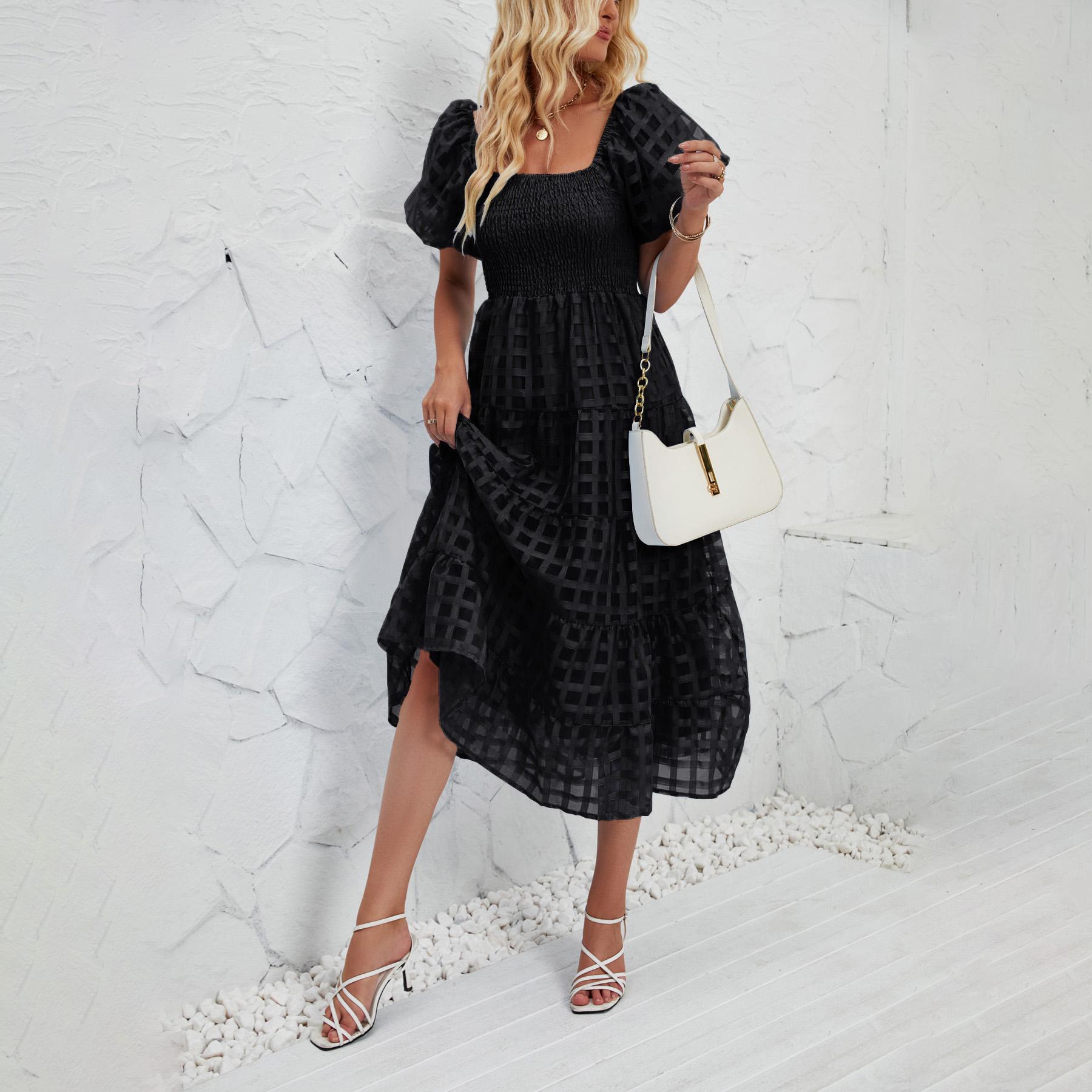 

Летнее женское модное однотонное плиссированное платье длиной до щиколотки с короткими рукавами XL чёрный