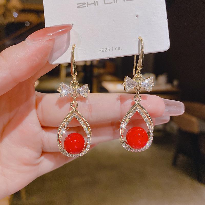 2024 Trendy Water Drop Diamond & Red Bead Pearl Earrings for Women 3A404