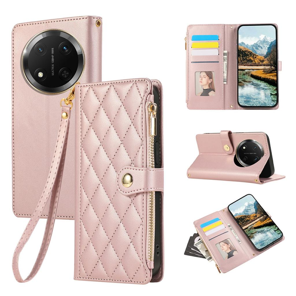 Phone Case For Honor X60 Pro 5G/X9c 5G/Magic7 Lite 5G Multi Card Slots Zipper Rhombus Leather Cover with Wrist Strap