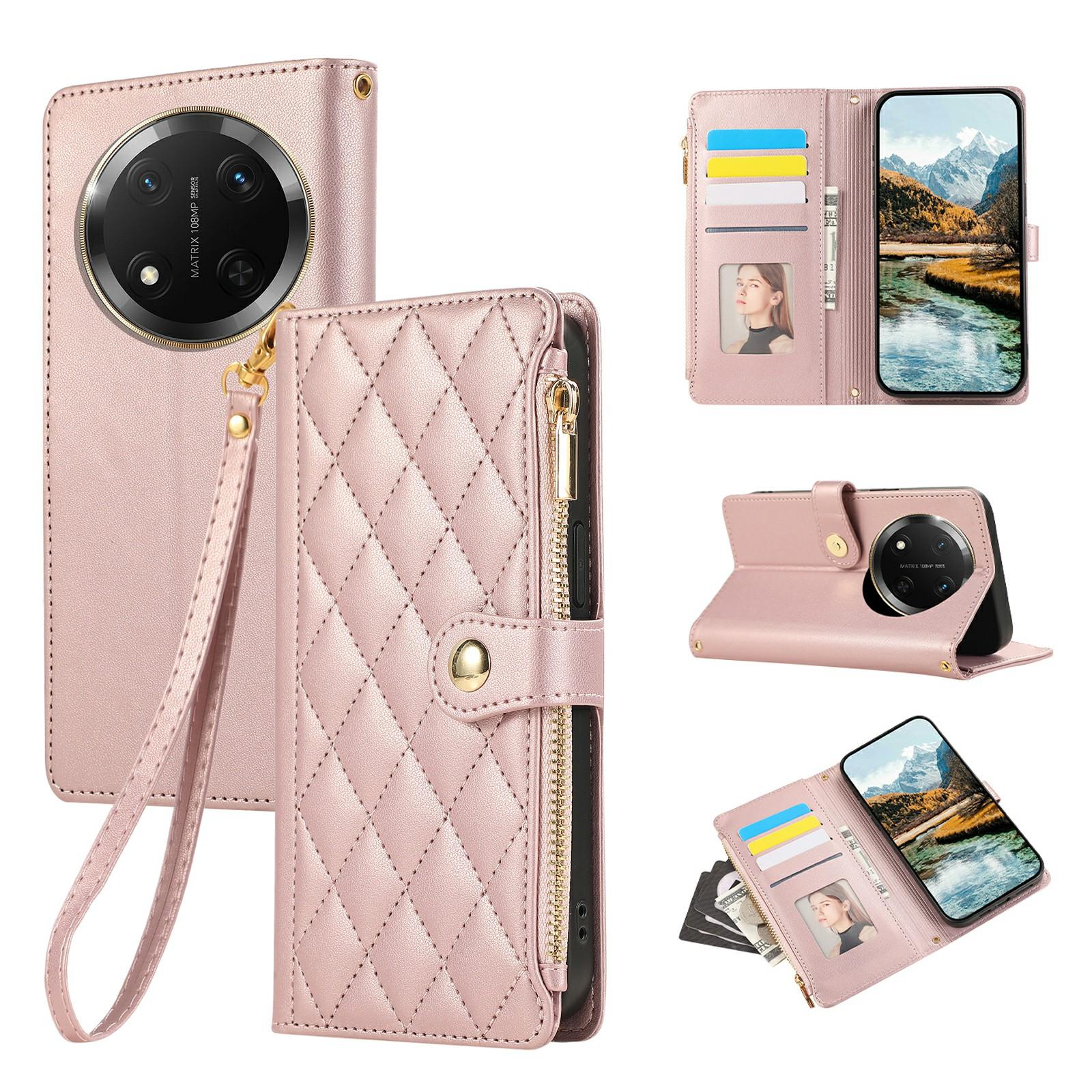 

Phone Case For Honor X60 Pro 5G/X9c 5G/Magic7 Lite 5G Multi Card Slots Zipper Rhombus Leather Cover with Wrist Strap Rose Gold