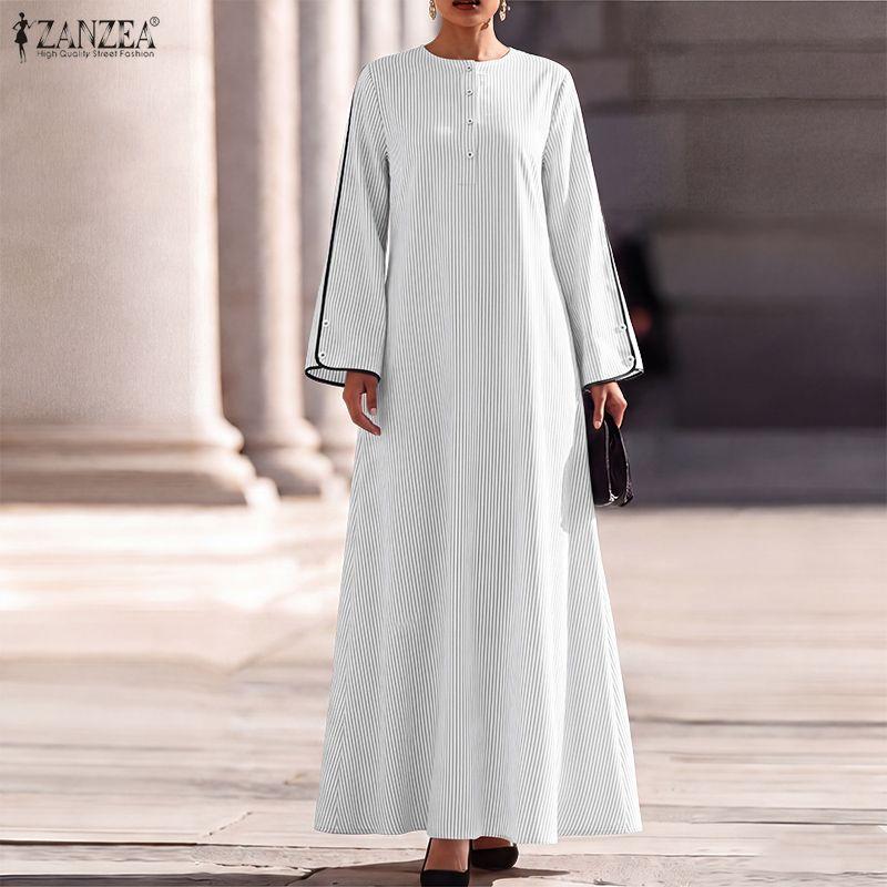 ZANZEA Oversized Dames Gestreept Lange Mouwen Maxi Jurk Knoopsteek Vintage Elegante Lange Hemdjurk