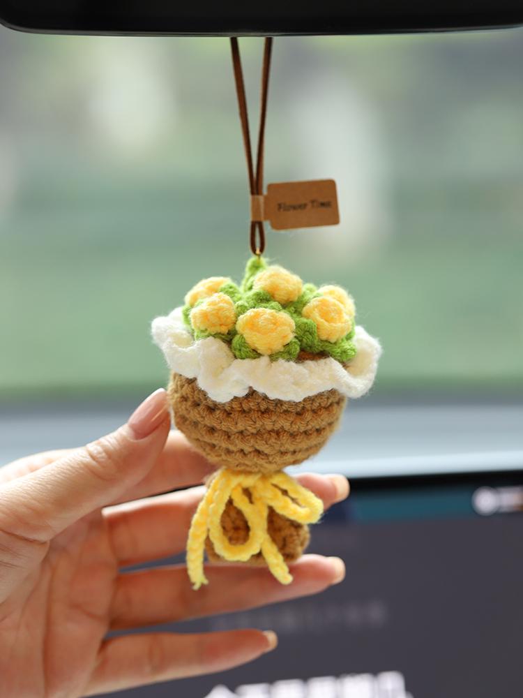 Woolen Rose Car Air Freshener Pendant - Rearview Mirror Ornament for Girls' Car Interior Decoration