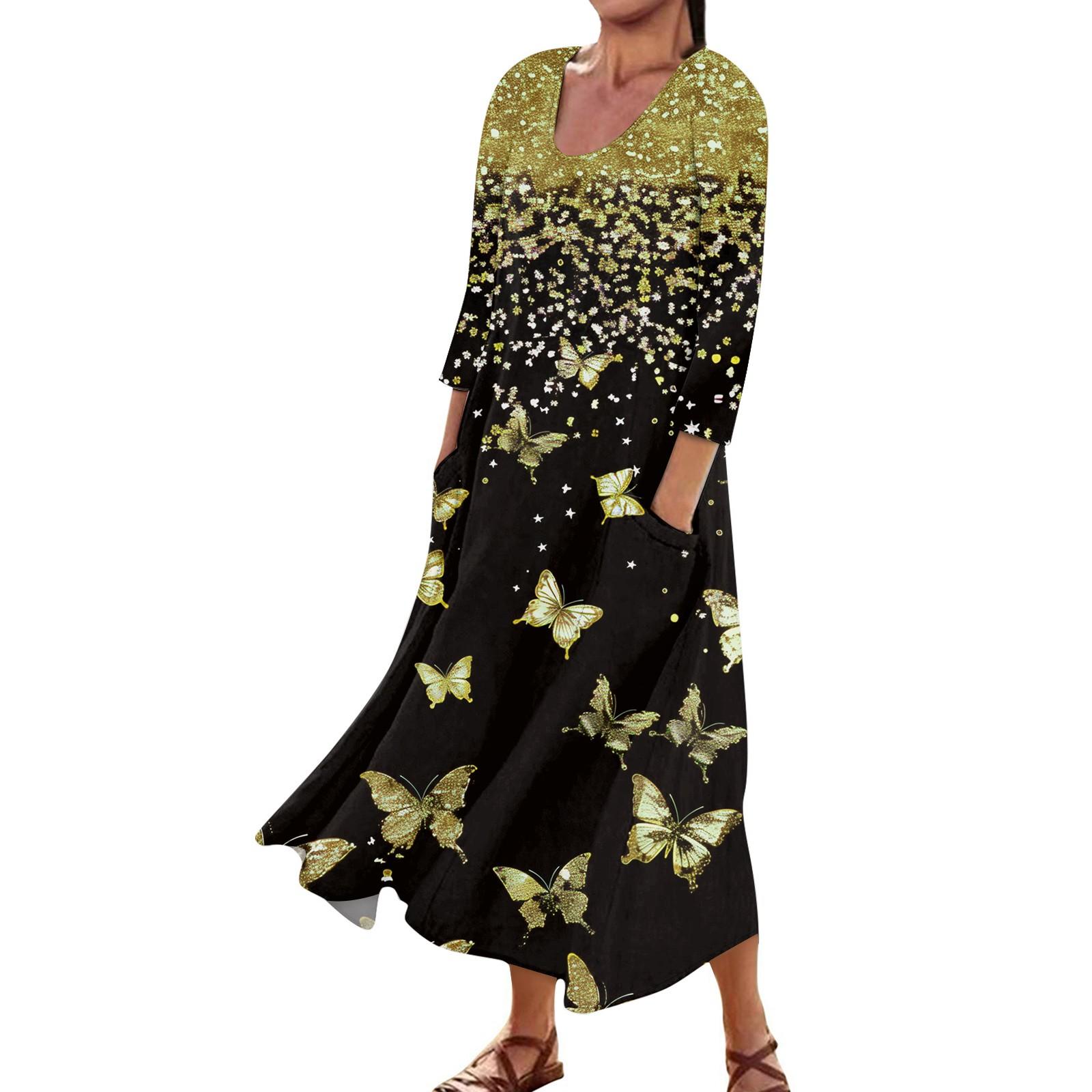 

Платье для женщин, весеннее повседневное модное платье в стиле бохо с рукавами 3/4 для праздника, большого размера M золотой