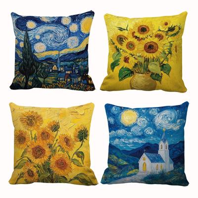 4-Pack Van Gogh Style Pillow Covers, Floral and Landscape Decorative Cushion Cases for Home, Office, Car and Outdoor Decor