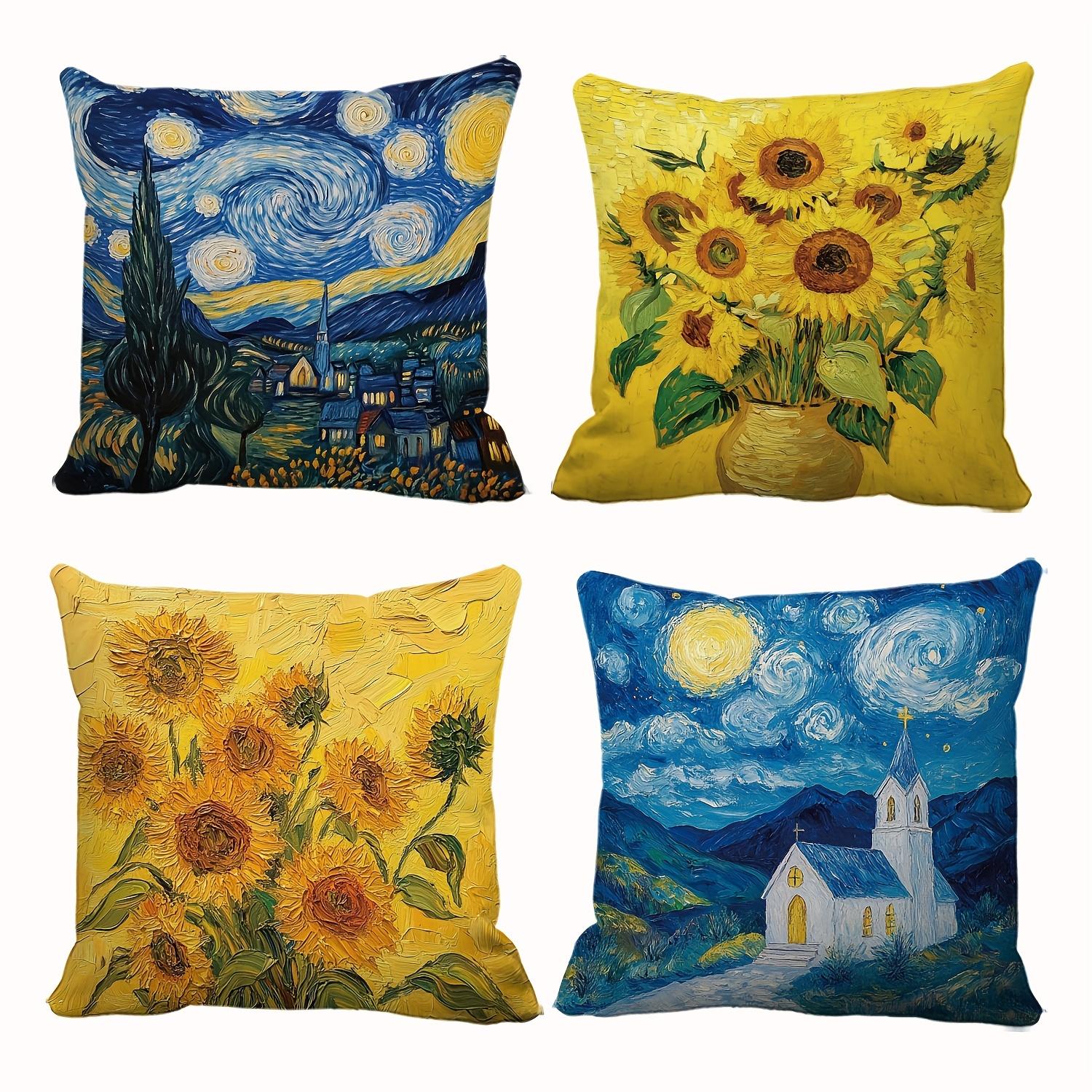 4-Pack Van Gogh Style Pillow Covers, Floral and Landscape Decorative Cushion Cases for Home, Office, Car and Outdoor Decor 35x35cm-4pc