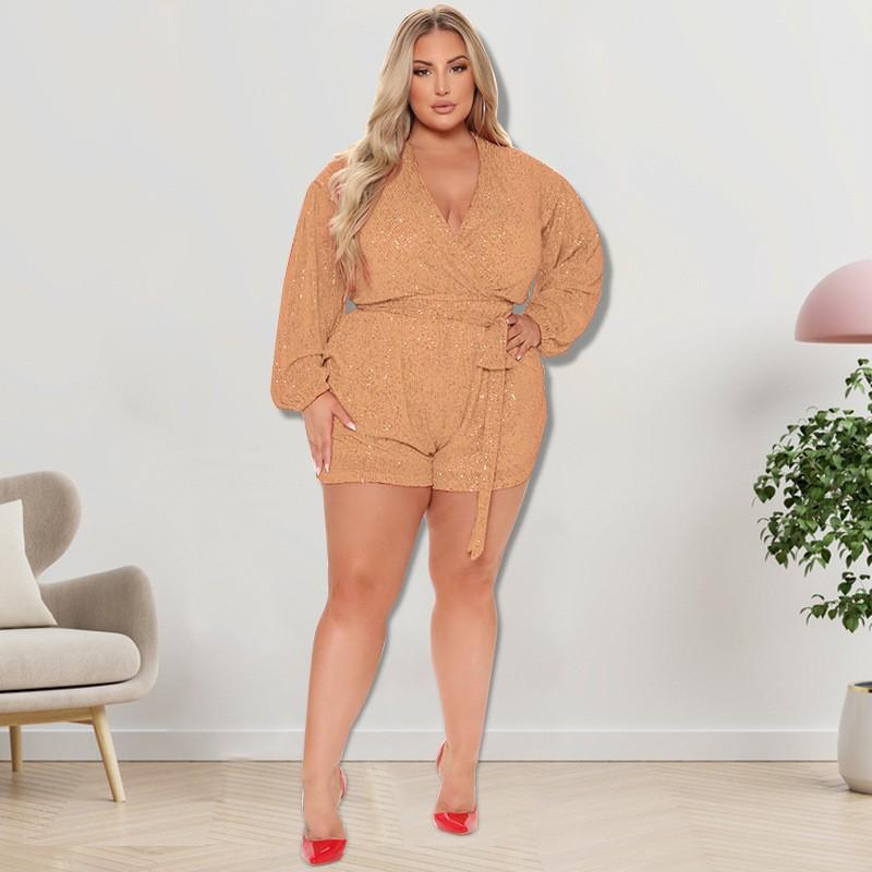 Plus Size Womens Embroidered Sequin Jumpsuit Orange V-Neck Long Sleeve Short Pants Outfit Curvy Ladies
