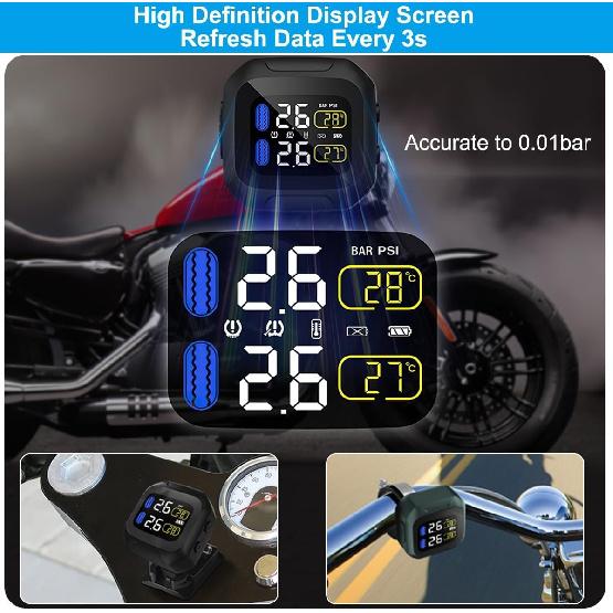 OBEST Motorcycle TPMS Tire Pressure Monitor System with 2 Silver External Sensors,USB Rechargeable IP67 Waterproof Motorcy