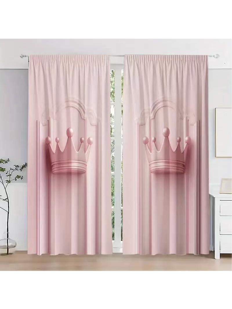 

Set Of 2 Pink Crown Curtains Rod Bag Design Privacy Protection Suitable Various Decorative Scenarios Curtain Made Polyester W100*H70(CM)-Hooks&1PCS