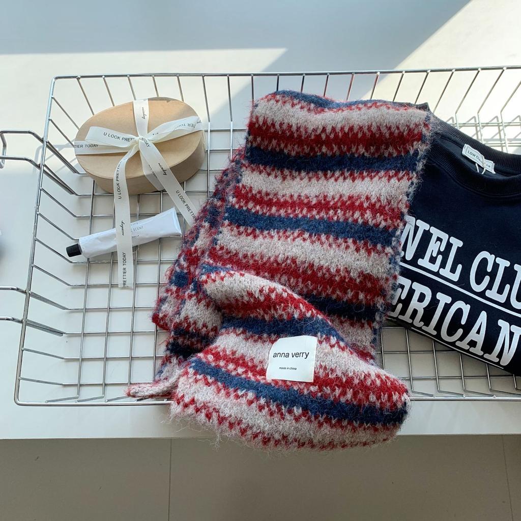 Color Striped Knitted Scarf Women's Autumn and Winter Korean Version of High-end Atmosphere Versatile Thickened Warm Scarf Student