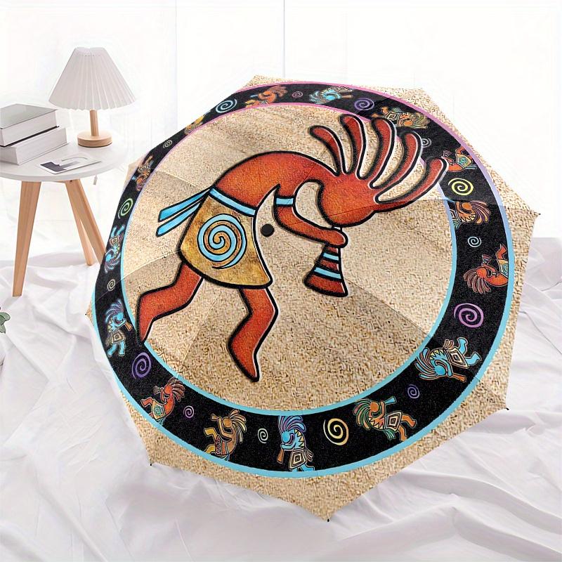 Kokopelli, Southwest Automatic Folding Umbrella  8 Ribs, Durable Iron Frame, Bright Color Pattern Compact Travel Umbrella, Suitable for Outd