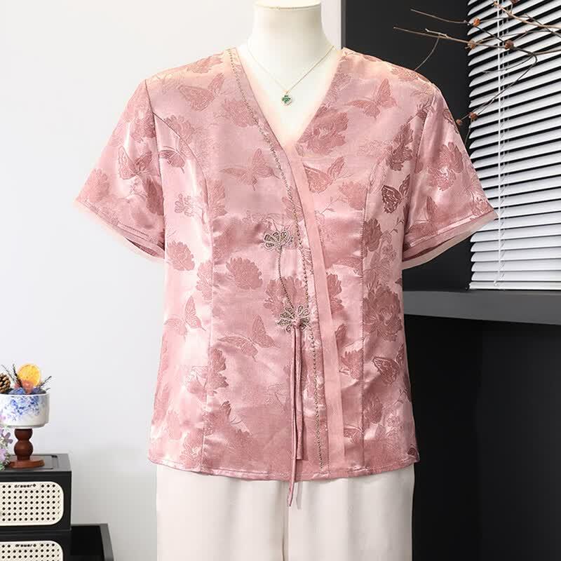 Datang Madam New Chinese Style Jacquard V-neck Blouse