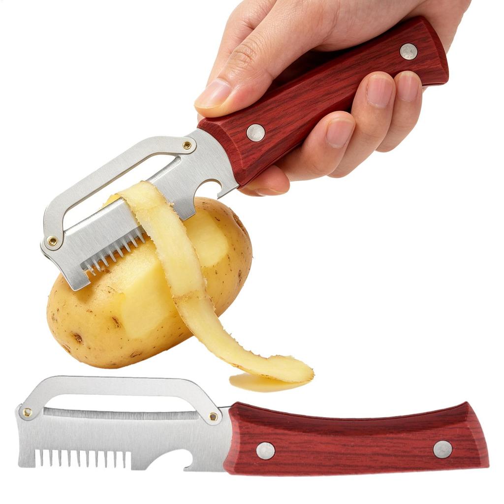 2pcs Stainless Steel Vegetable Peeler with Wooden Handle 3 in1 Fruit Potato Peeler with Bottle Opener Kitchen Peeling Tools
