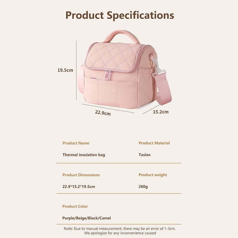Pink Quilted Insulated Lunch Bag With Removable Strap Padded Handle For Work School Picnics