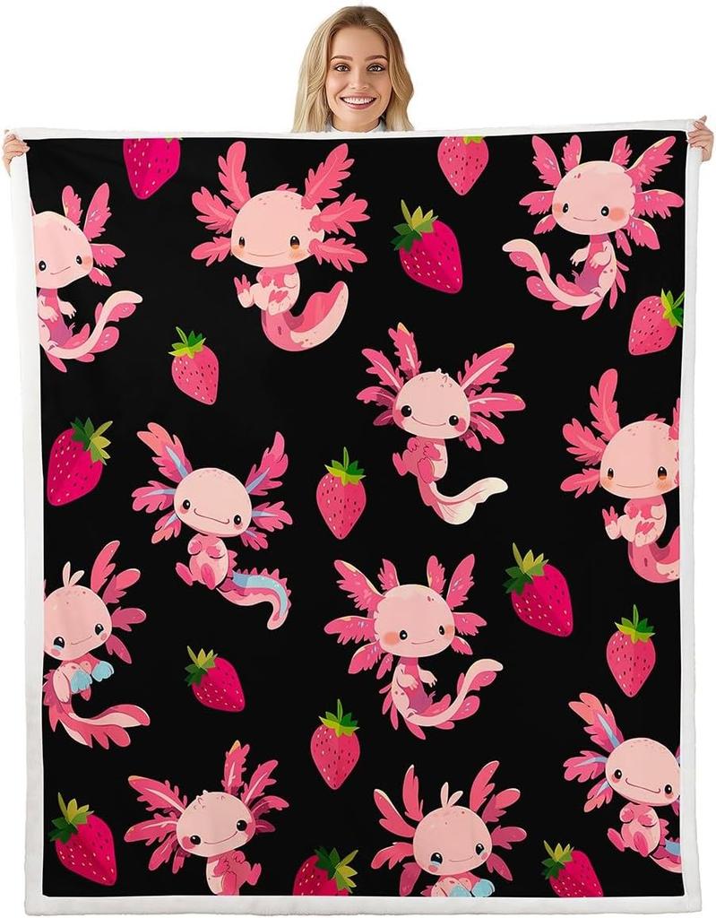 Cute Pink Axolotl Blanket Soft Fleece Throw Cherry Blossom Design Fantasy Art Kids Room Decor