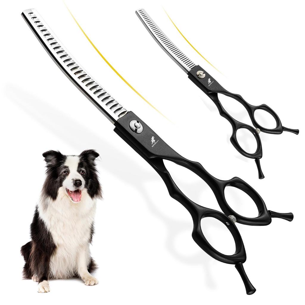 Meideng 6.5" Half-Black Curved Fishbone Pet Grooming Shears with Thinning Blade.