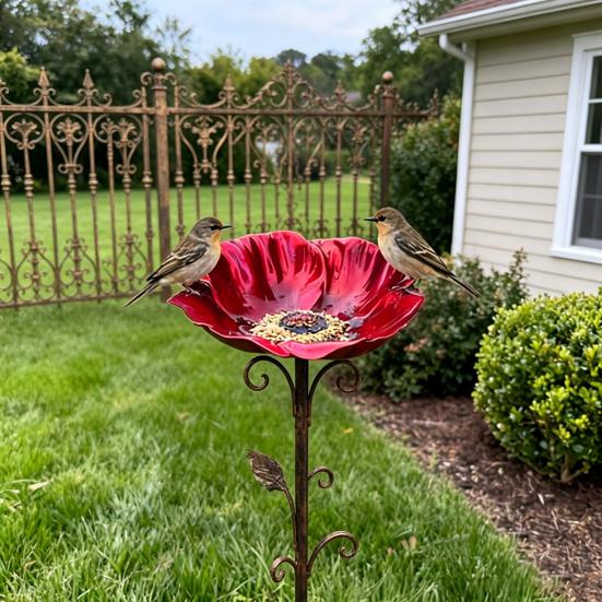 Handmade Metal Flower Garden Stake Outdoor Bird Bath Bowl for Bees Butterflies Pollinator Watering Station for Garden Lawn Yard Decor