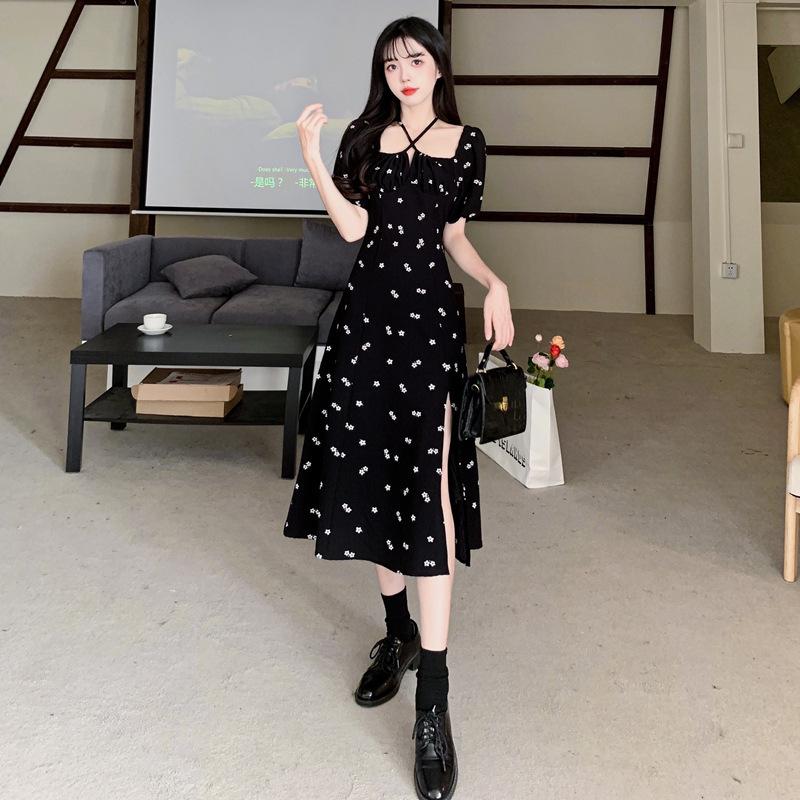 European and American style chiffon large size fat MM high waist waist black floral waist floral split bubble sleeve dress women