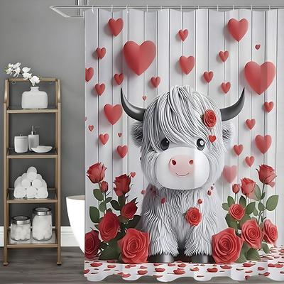 Valentine's Day Calf Rose Love Shower Curtain, Bathroom Decorative Shower Curtain, Waterproof Shower Curtain with Hooks