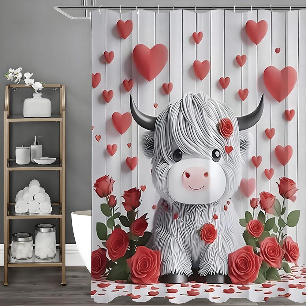 

День святого Валентина Теленок Роза Любовь Занавеска для душа, Декоративная занавеска для душа для ванной, Водонепроницаемая занавеска для душа с крючками 90*180cm