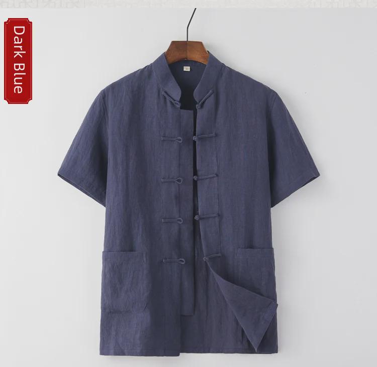 Men's Summer Thin Linen Tang Suit - Short-Sleeved Top for Middle-Aged & Elderly