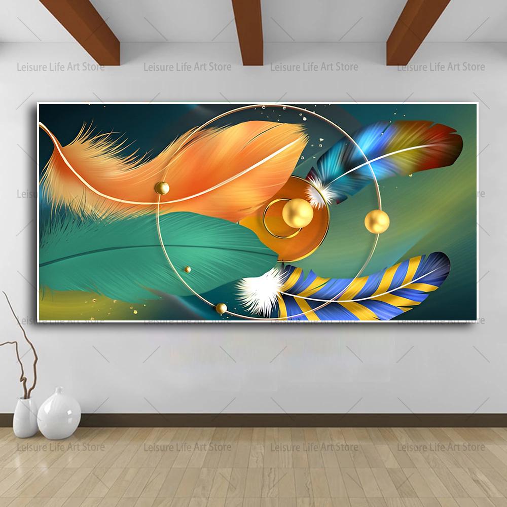 Abstrakcyjne kolorowe pióra płótno malarstwo ścienne sztuka nowoczesne złote pióra dzieła sztuki plakaty i wydruki do salonu wystrój ściany
