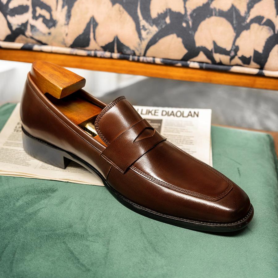 Penny Loafers Square Head Leather Shoes Men's Business Casual Cowhide Men's Shoes One Pedal