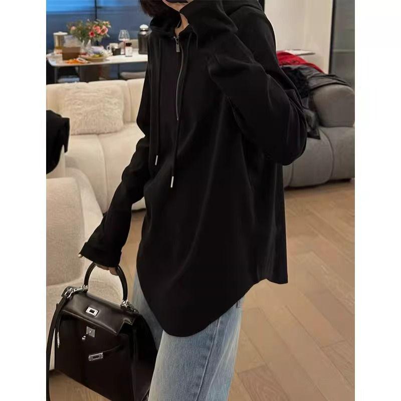 Women's Dark Gray Hooded Long-Sleeve Loose-Fit Half-Zip Top for Autumn/Winter