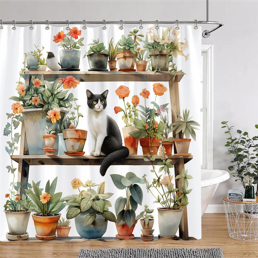 

Cute Cat In Cradle Shower Curtain Flower Stand Potted Plant Flower Vintage Pattern Polyester Fabric Bath Curtains Bathroom Decor W60H190(CM)-1 Pcs