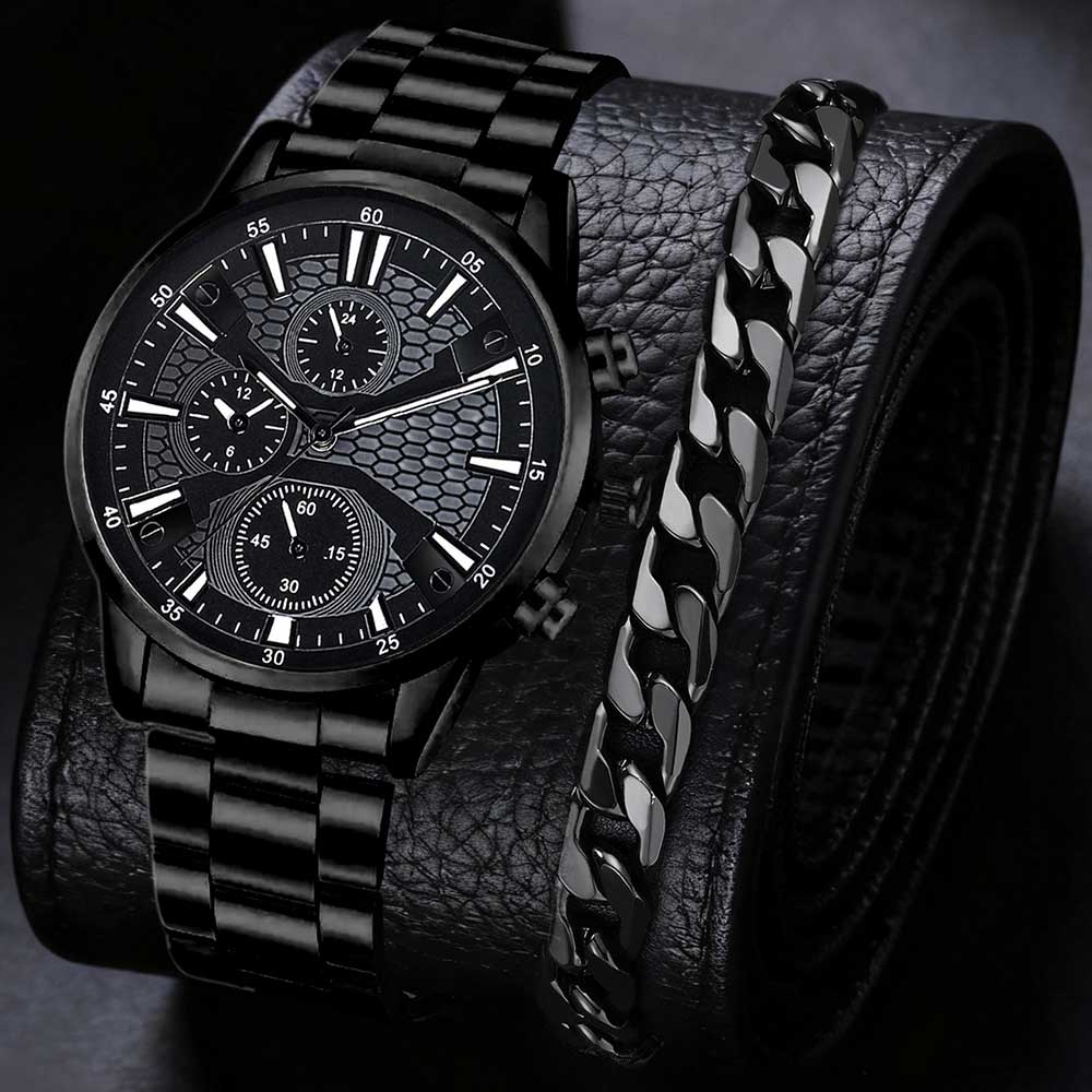 

2/4PCS Black Men s Watch Set Business Trend Fashion Quartz Watch Jewelry Set Suitable for Daily Clothing Matching Perfect